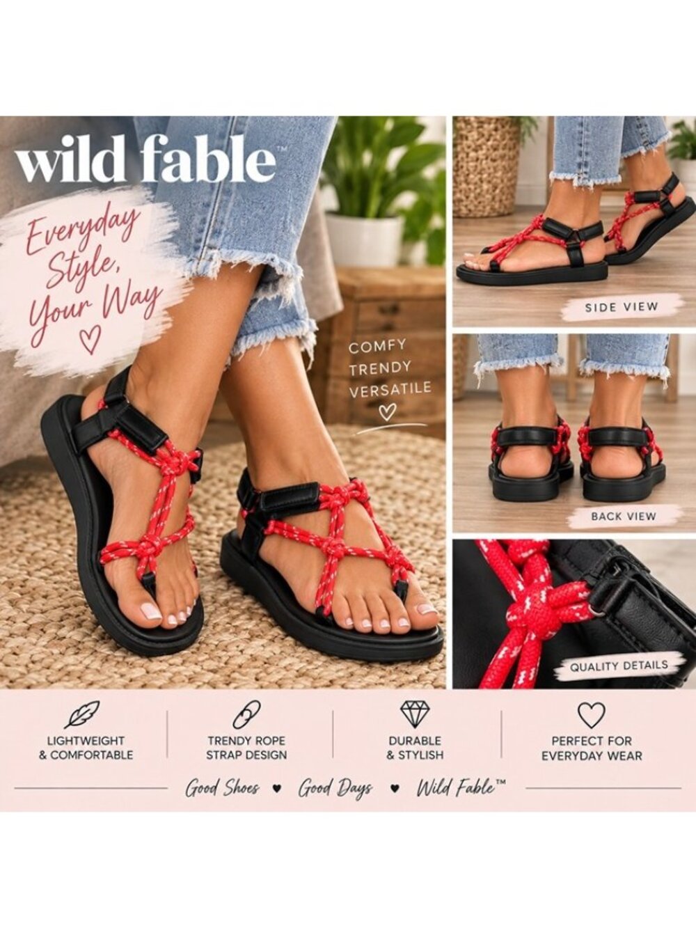 Wild Fable Women's Strappy Paracord Rope Sandals Red White Black NWT Size 11